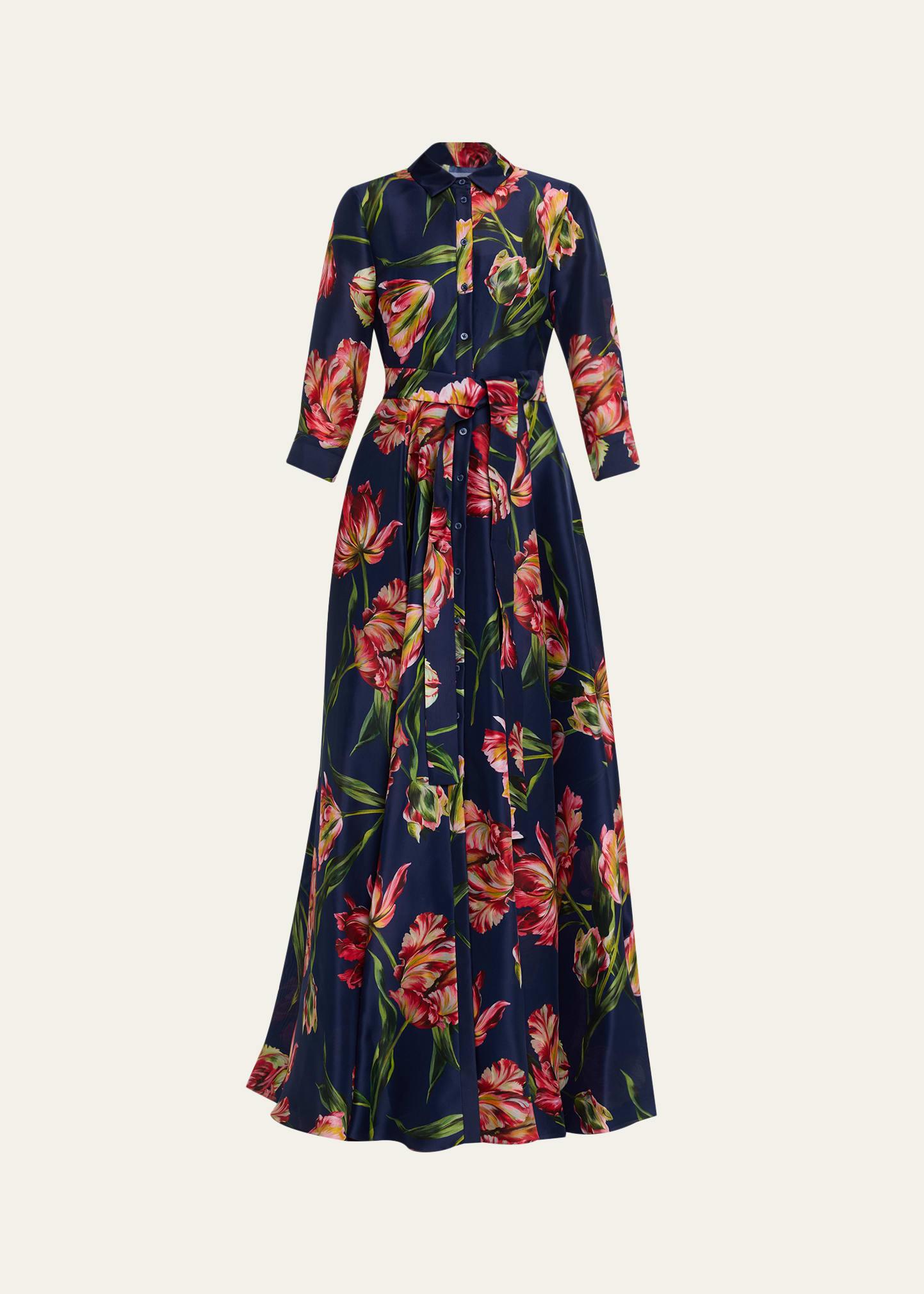 floral silk belted long-sleeve trench gown