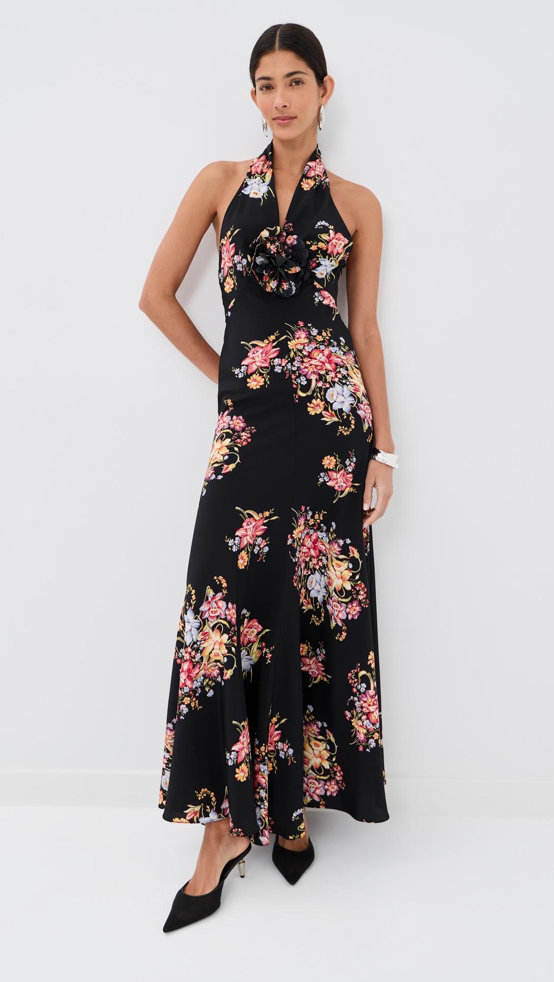 floral silk halter dress with silk flower
