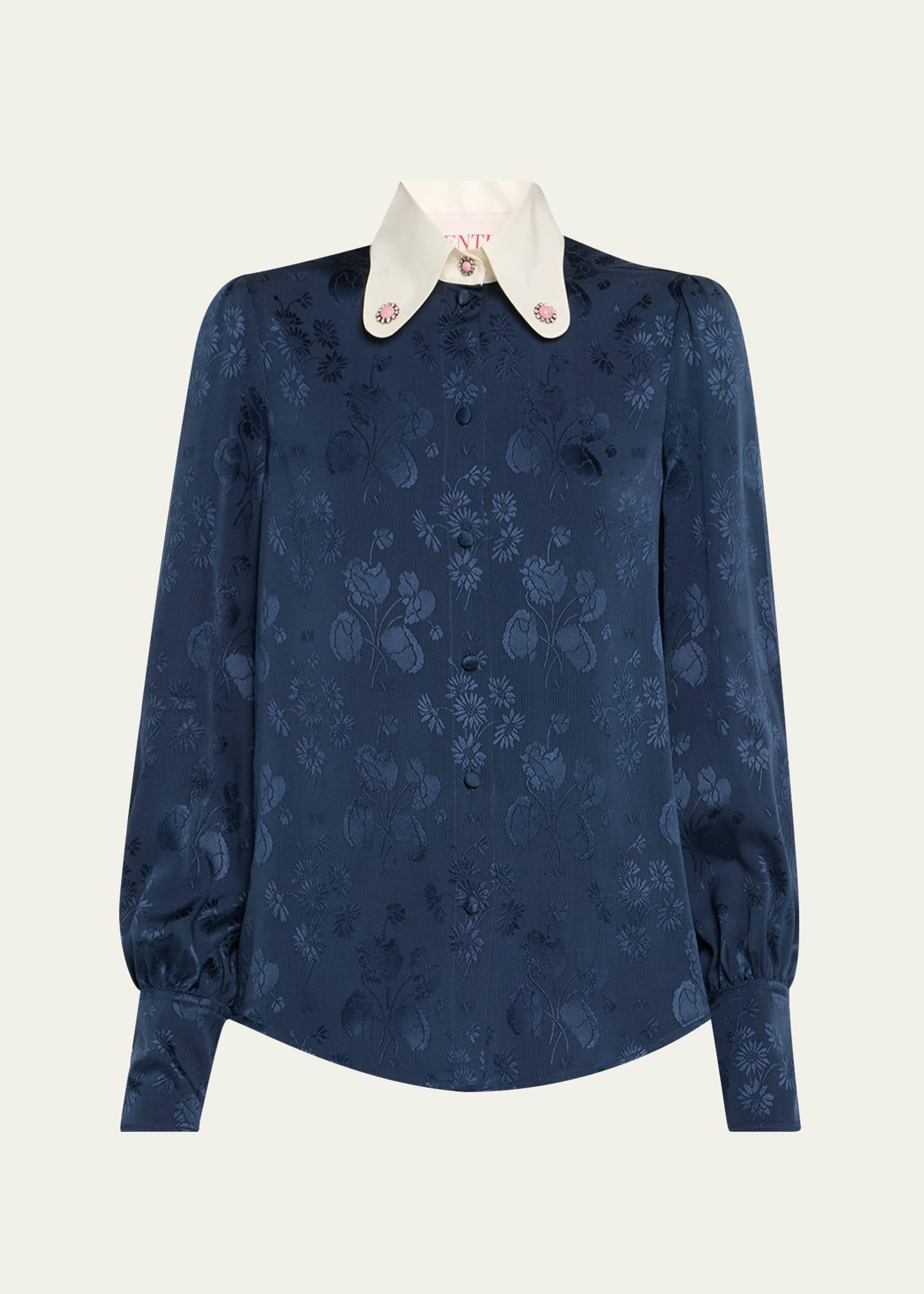 floral silk jacquard round-collar button-down blouse