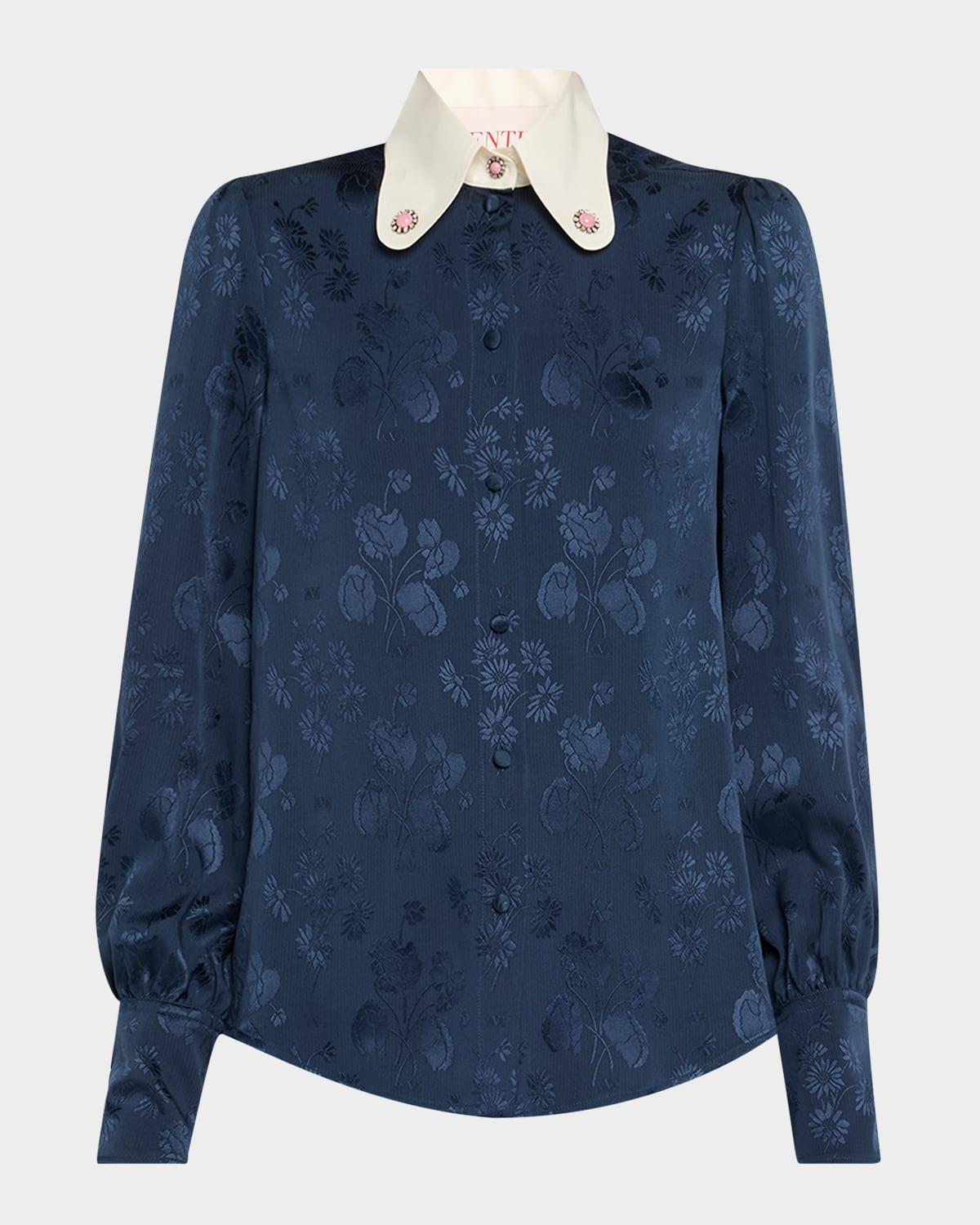 floral silk jacquard round-collar button-down blouse