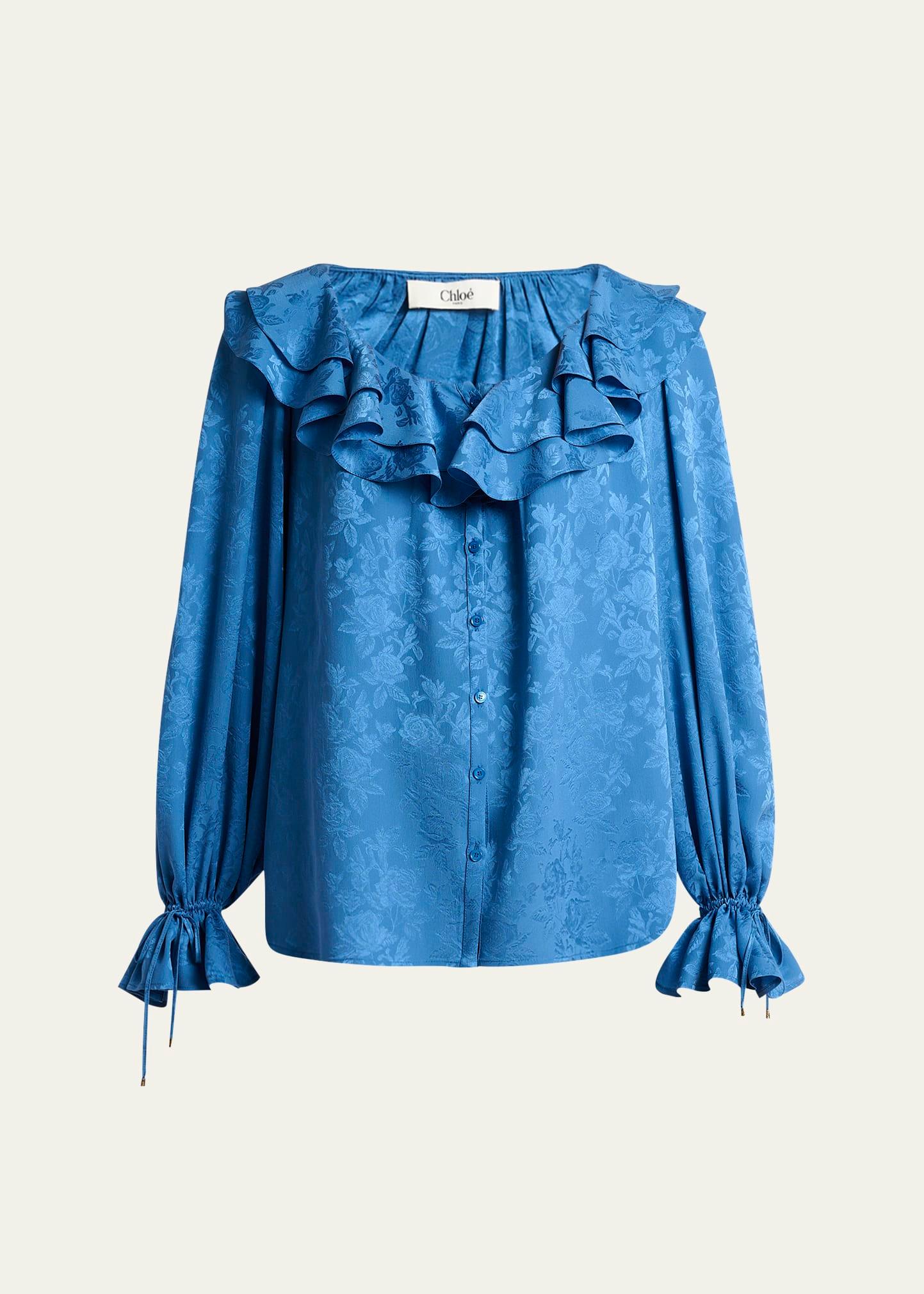 floral silk jacquard ruffle top