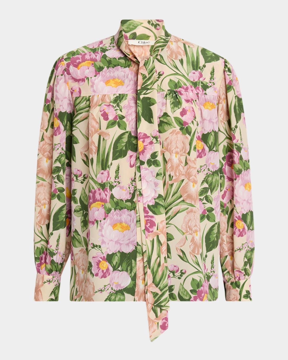 floral silk neck-tie button-down blouse