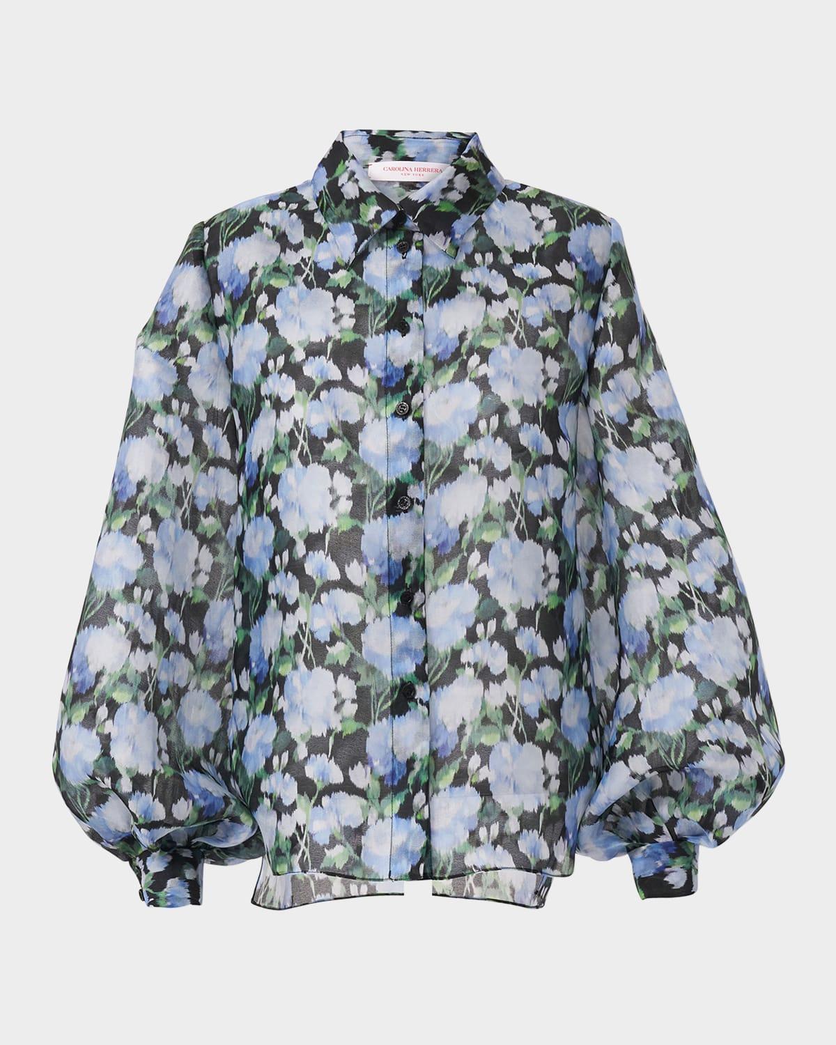 floral silk puff-sleeve button-down shirt