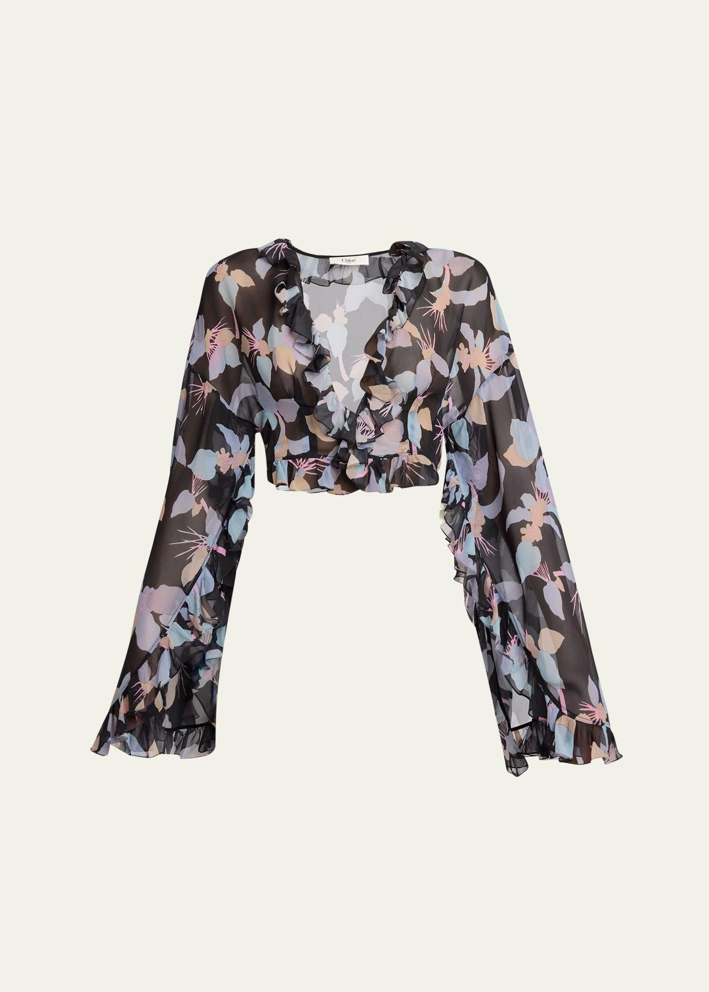 floral silk ruffle long-sleeve crop top
