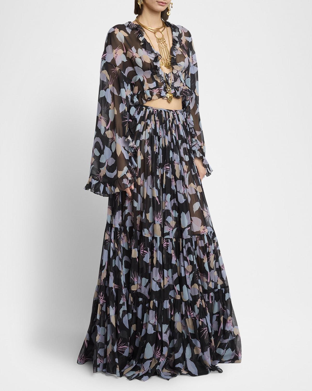 floral silk ruffle long-sleeve crop top