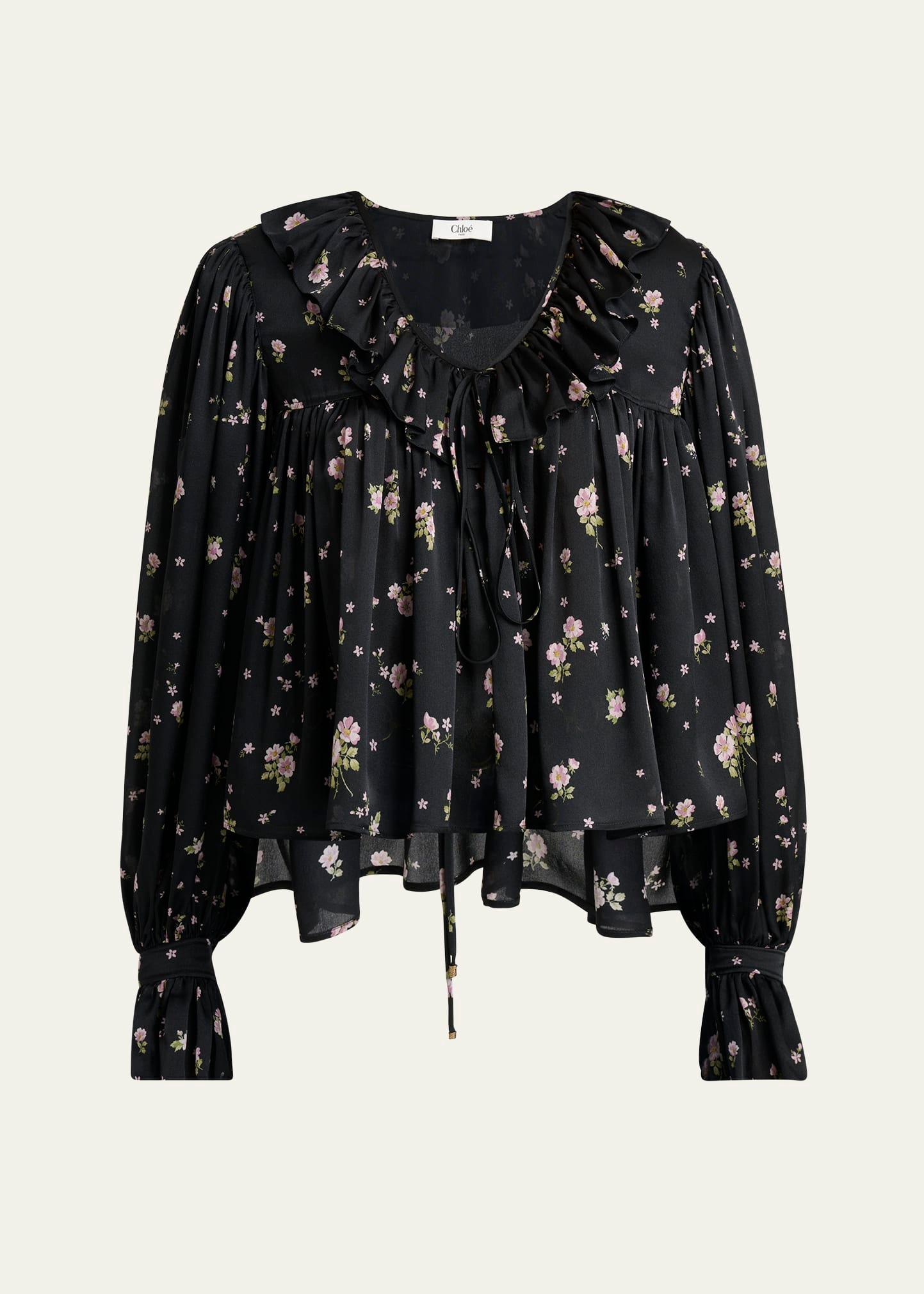 floral silk ruffle peasant blouse