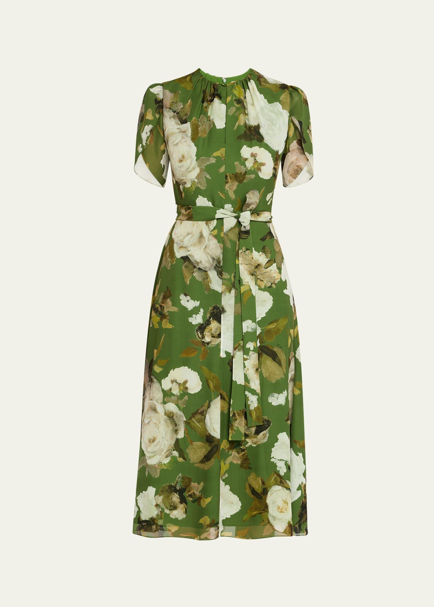 floral silk short-sleeve belted midi dress