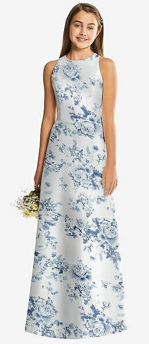 floral sleeveless open-back satin junior bridesmaid dress