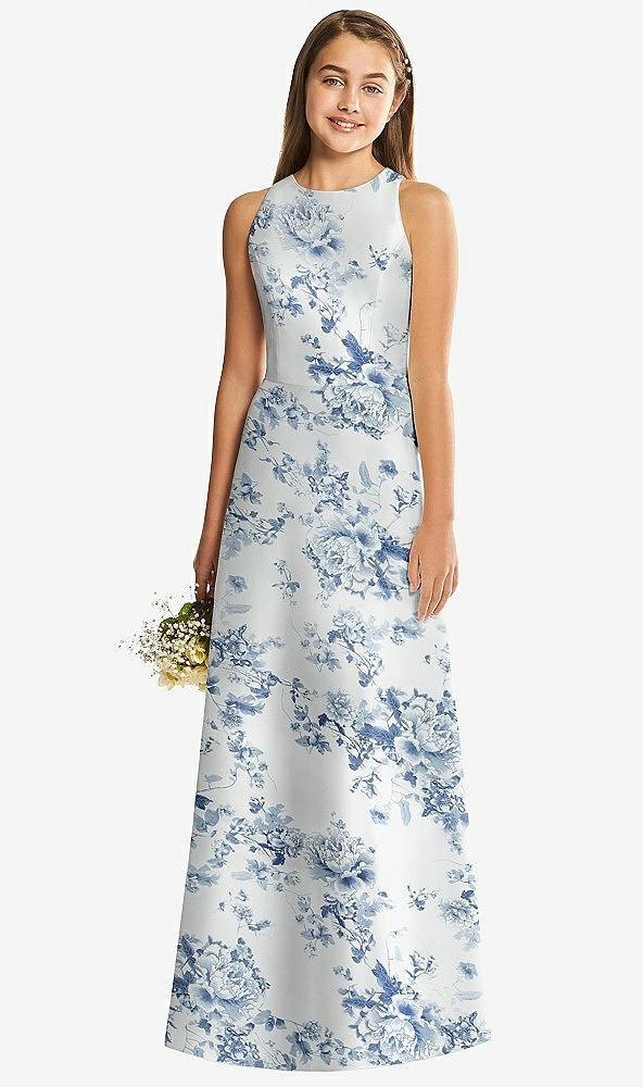 floral sleeveless open-back satin junior bridesmaid dress
