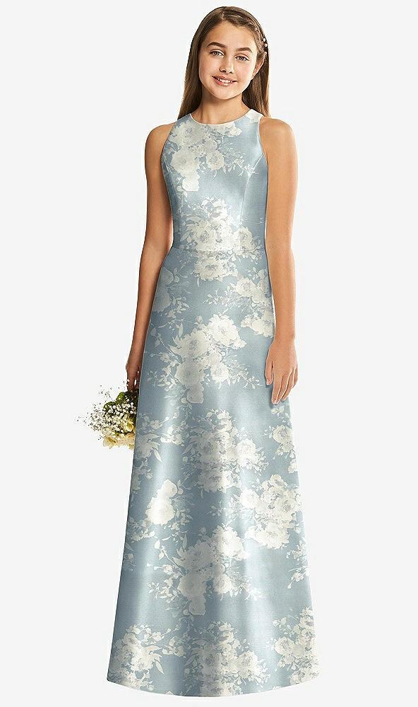 floral sleeveless open-back satin junior bridesmaid dress