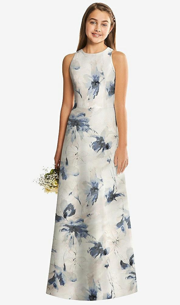 floral sleeveless open-back satin junior bridesmaid dress
