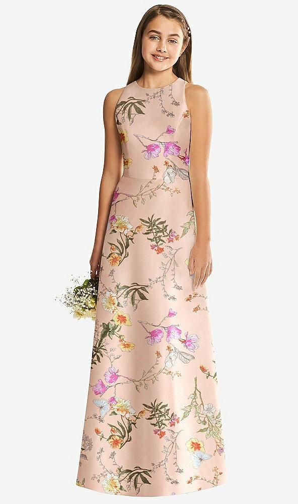 floral sleeveless open-back satin junior bridesmaid dress