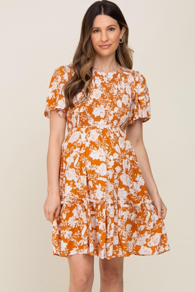 floral smocked gathered tier maternity dress