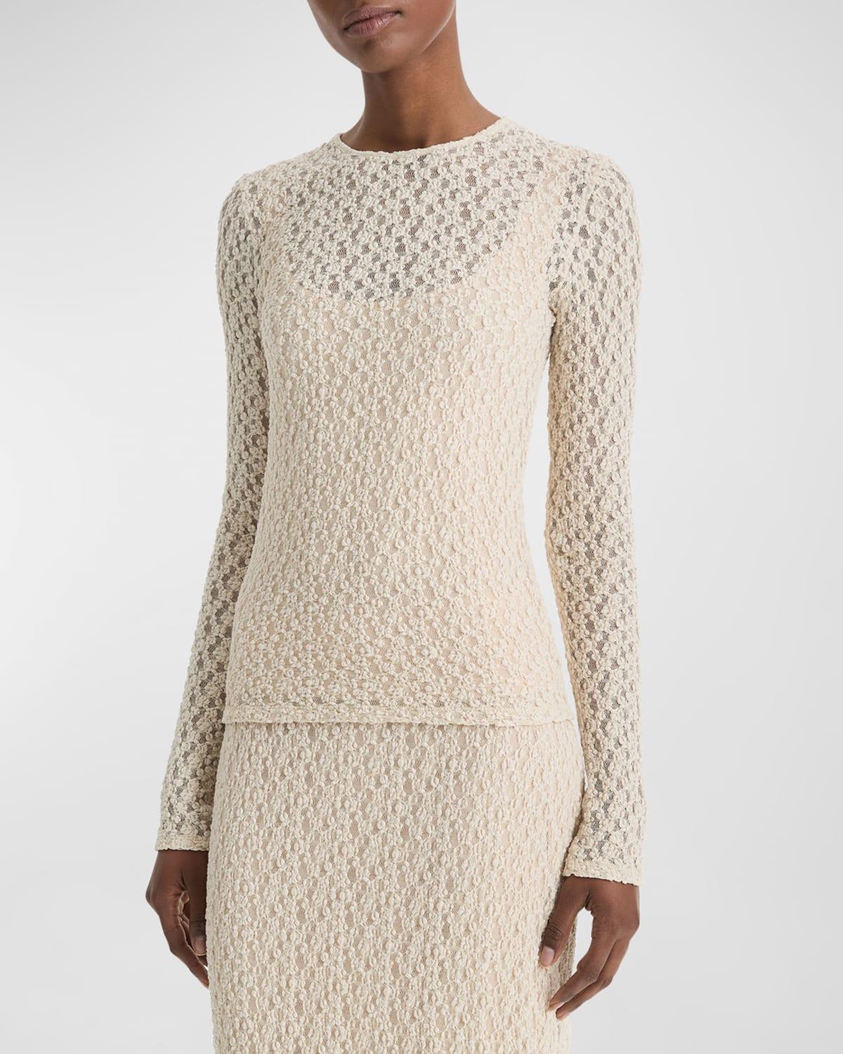 floral smocked long-sleeve crewneck top