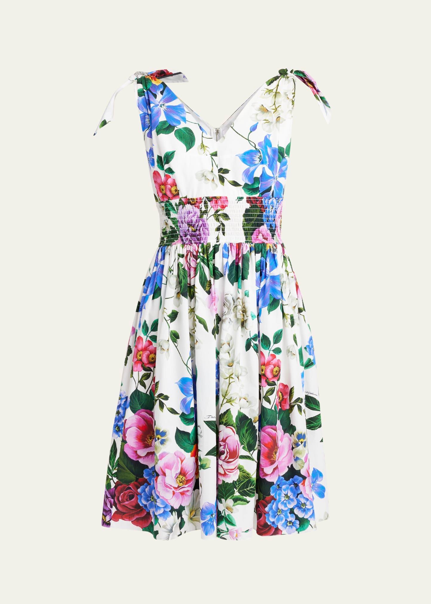 floral smocked waist fit-flare dress