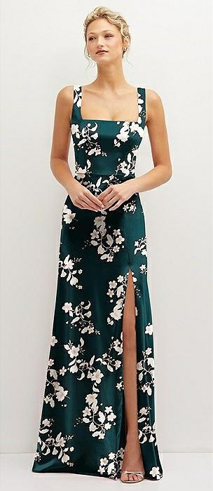 floral square-neck satin a-line maxi dress with front slit