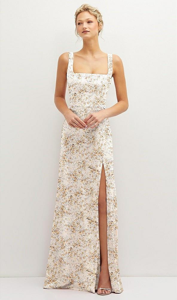 floral square-neck satin a-line maxi dress with front slit