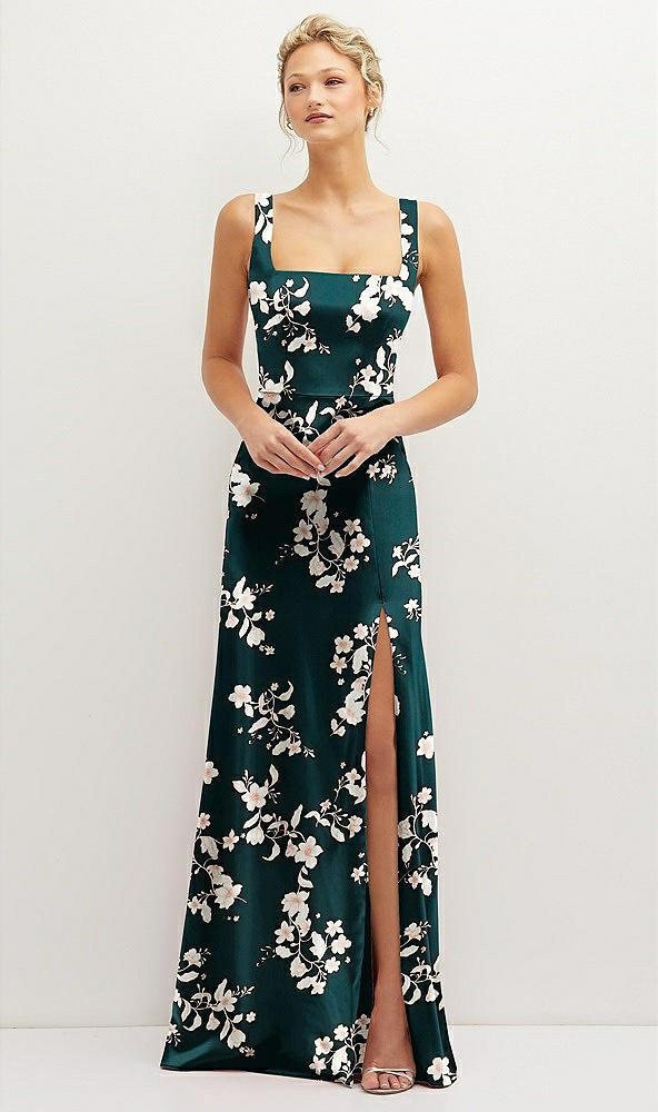 floral square-neck satin a-line maxi dress with front slit