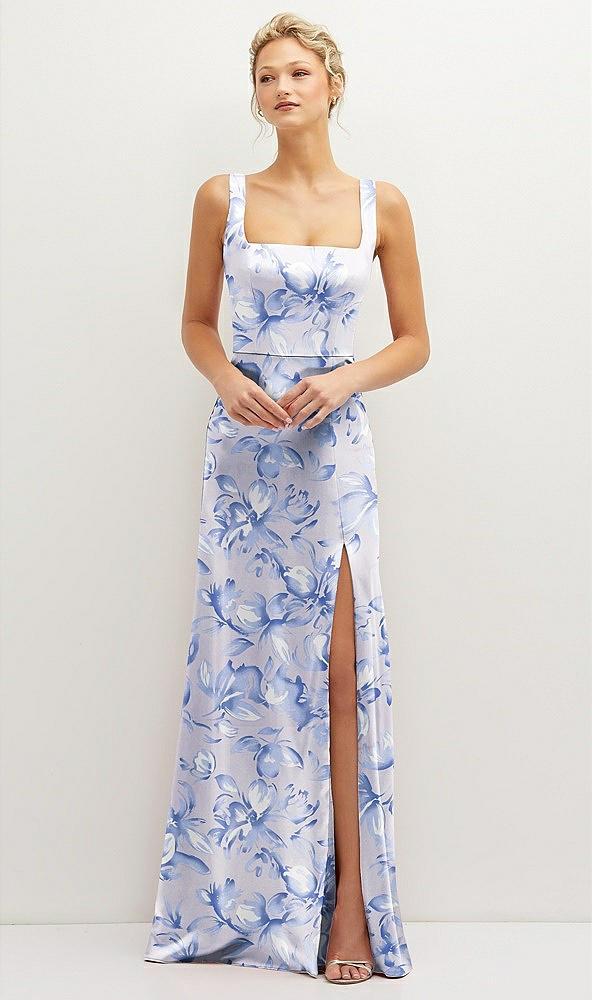 floral square-neck satin a-line maxi dress with front slit