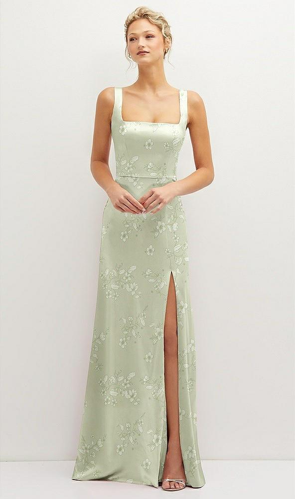 floral square-neck satin a-line maxi dress with front slit