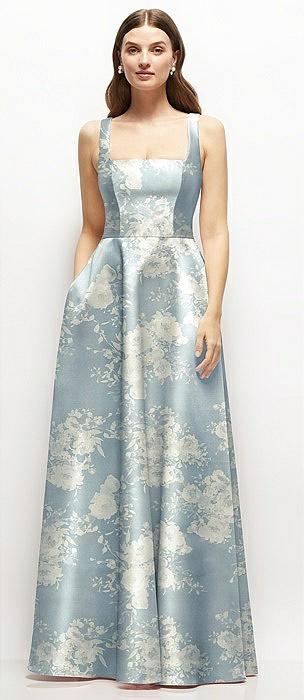 floral square-neck satin maxi dress with full skirt