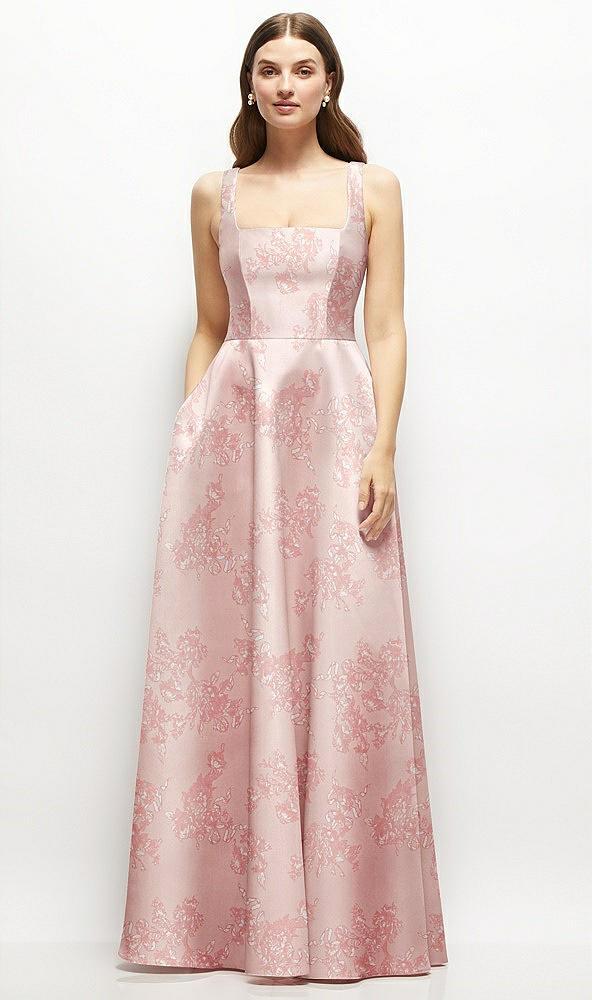 floral square-neck satin maxi dress with full skirt
