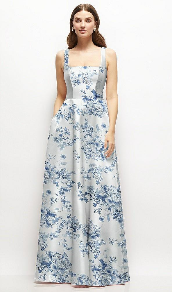 floral square-neck satin maxi dress with full skirt
