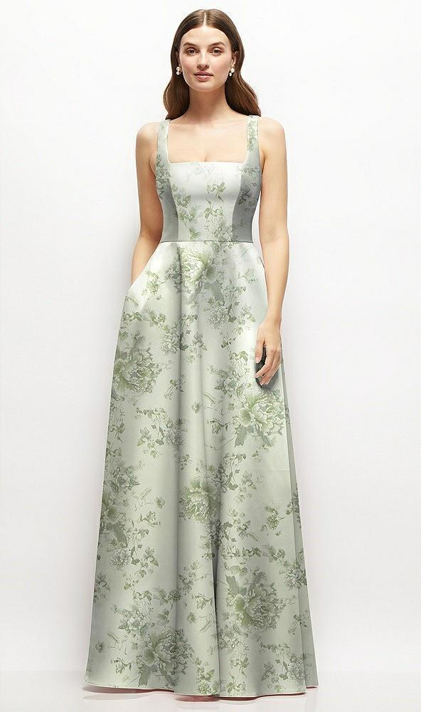 floral square-neck satin maxi dress with full skirt