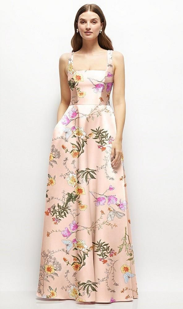 floral square-neck satin maxi dress with full skirt