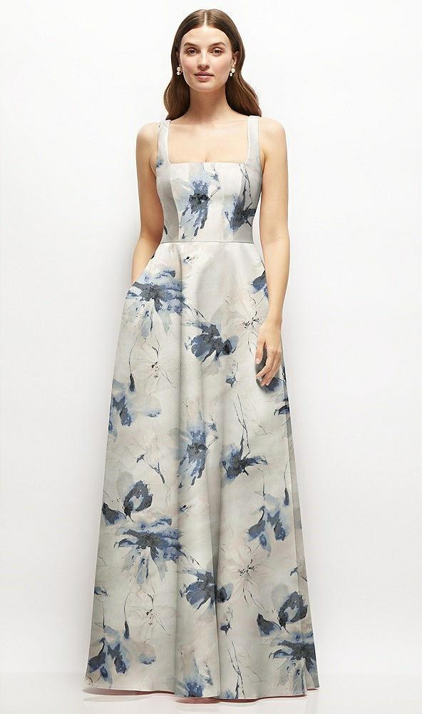 floral square-neck satin maxi dress with full skirt