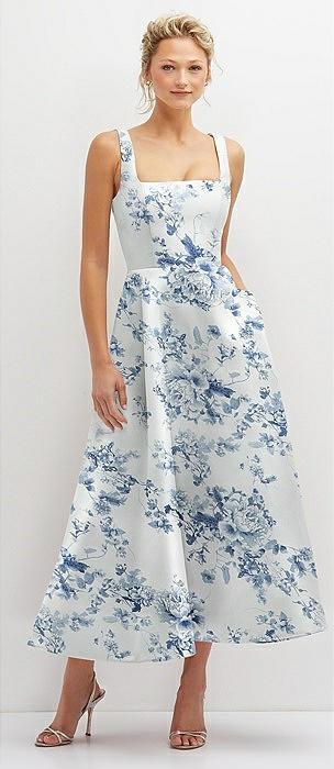 floral square neck satin midi dress with full skirt & pockets
