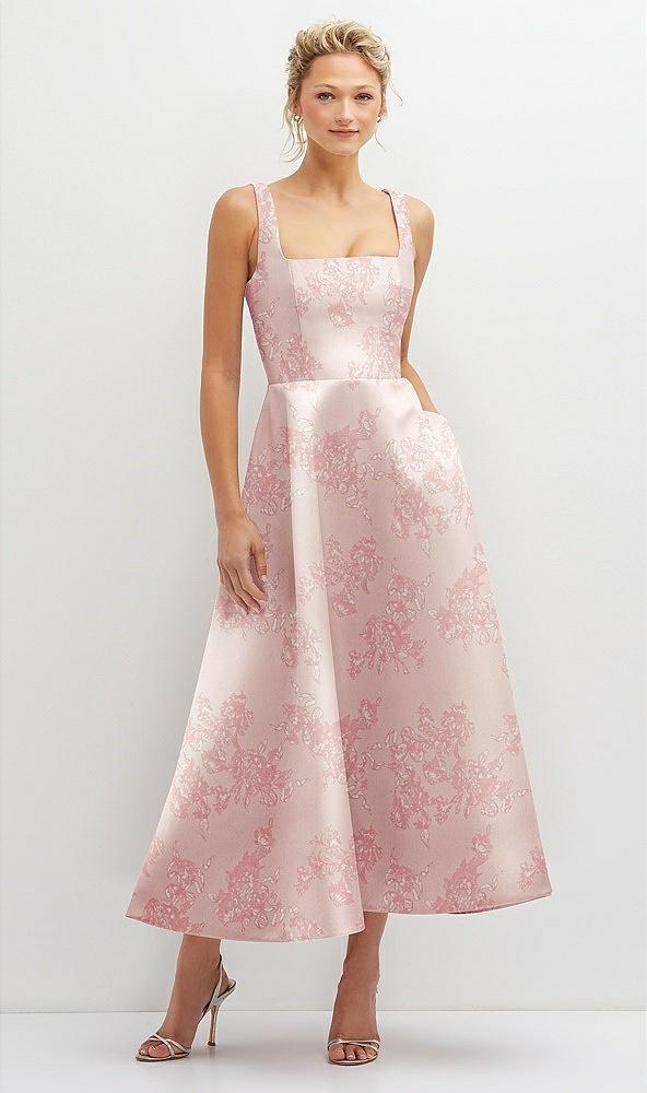 floral square neck satin midi dress with full skirt & pockets