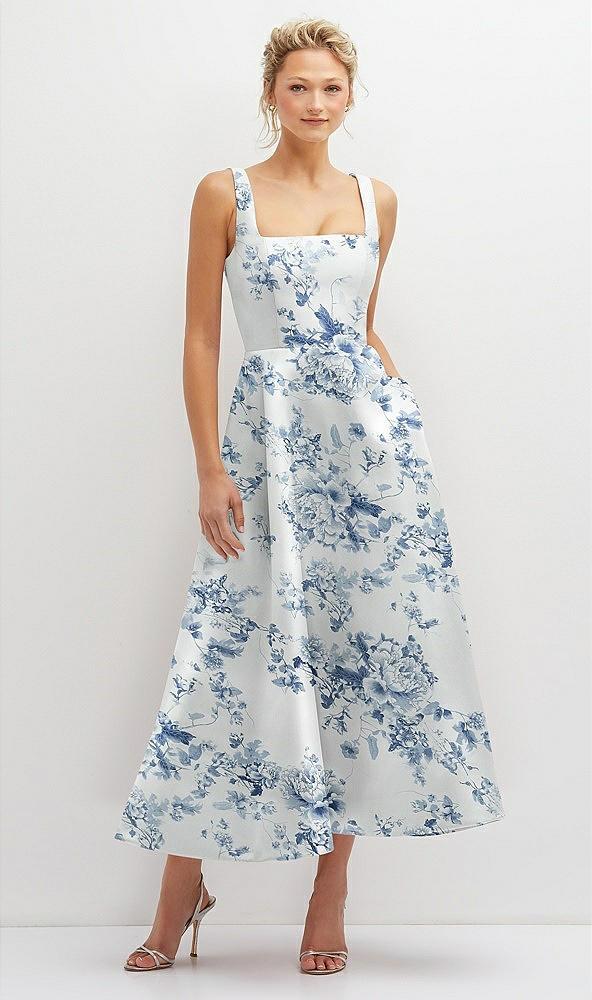 floral square neck satin midi dress with full skirt & pockets