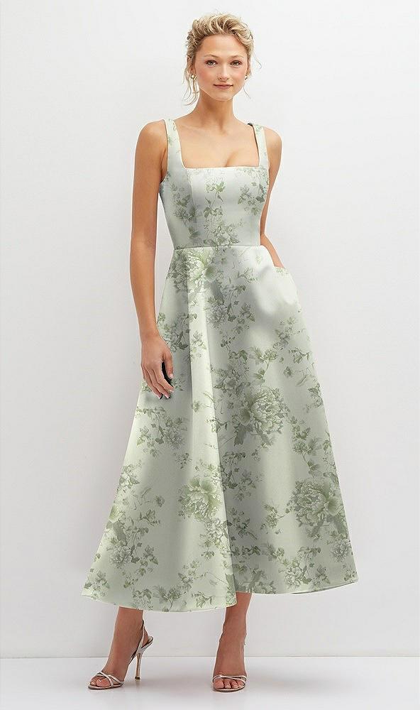 floral square neck satin midi dress with full skirt & pockets