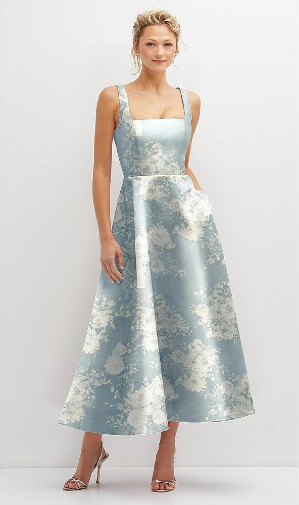 floral square neck satin midi dress with full skirt & pockets