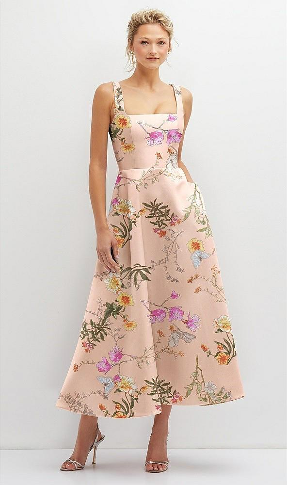 floral square neck satin midi dress with full skirt & pockets
