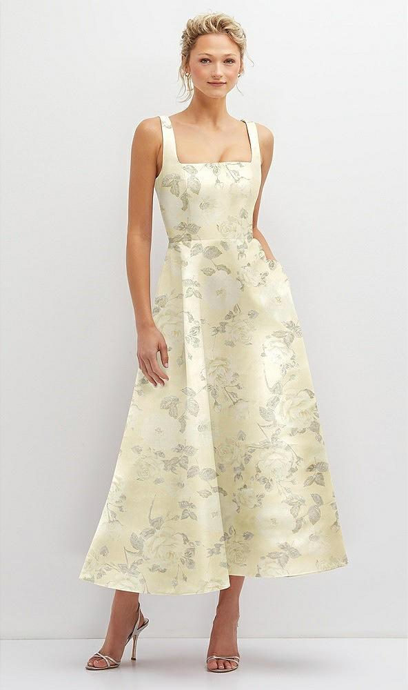 floral square neck satin midi dress with full skirt & pockets