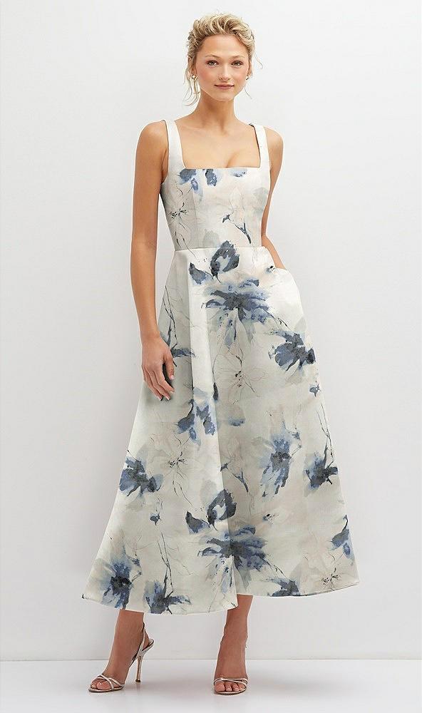 floral square neck satin midi dress with full skirt & pockets