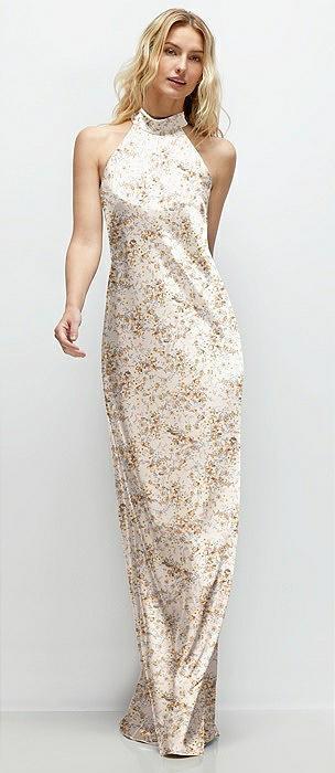floral stand collar bias satin maxi dress with self-tie bow back