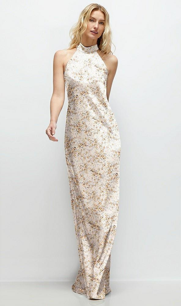 floral stand collar bias satin maxi dress with self-tie bow back