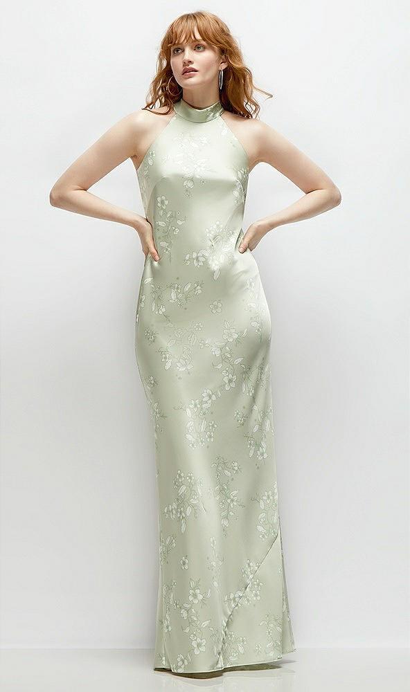 floral stand collar bias satin maxi dress with self-tie bow back