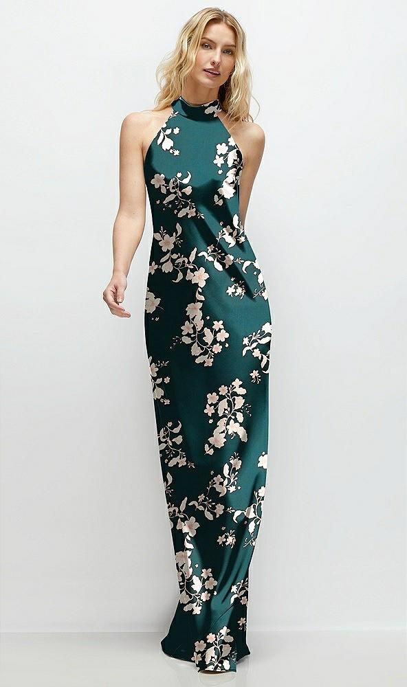 floral stand collar bias satin maxi dress with self-tie bow back