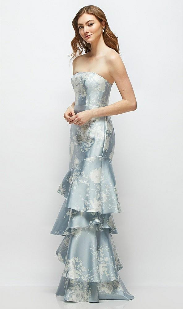 floral strapless bodycon maxi dress with tiered ruffle skirt