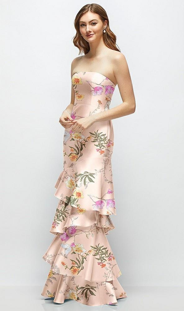 floral strapless bodycon maxi dress with tiered ruffle skirt