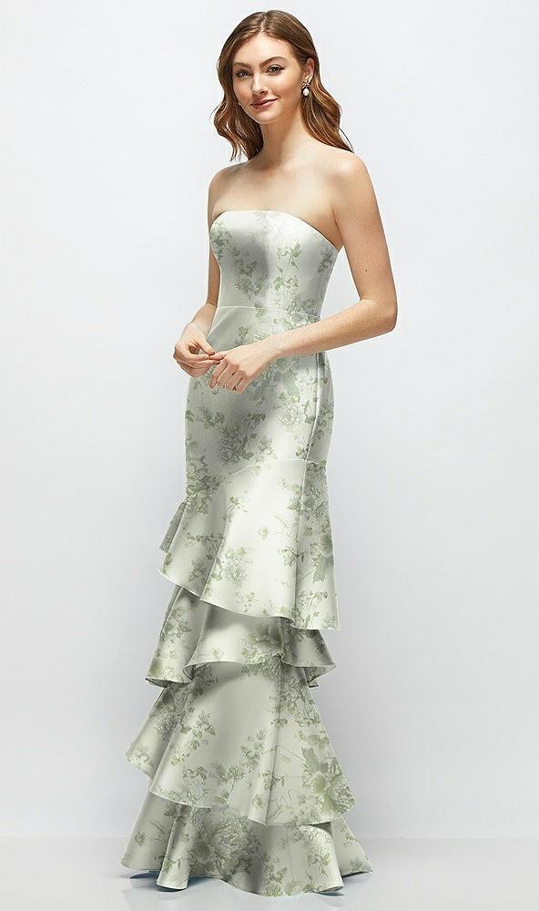 floral strapless bodycon maxi dress with tiered ruffle skirt