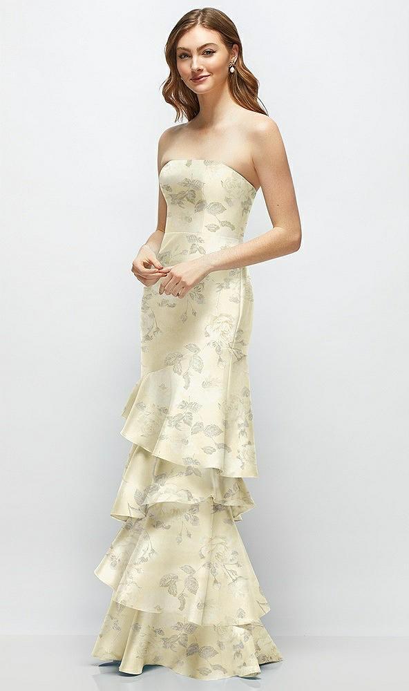 floral strapless bodycon maxi dress with tiered ruffle skirt