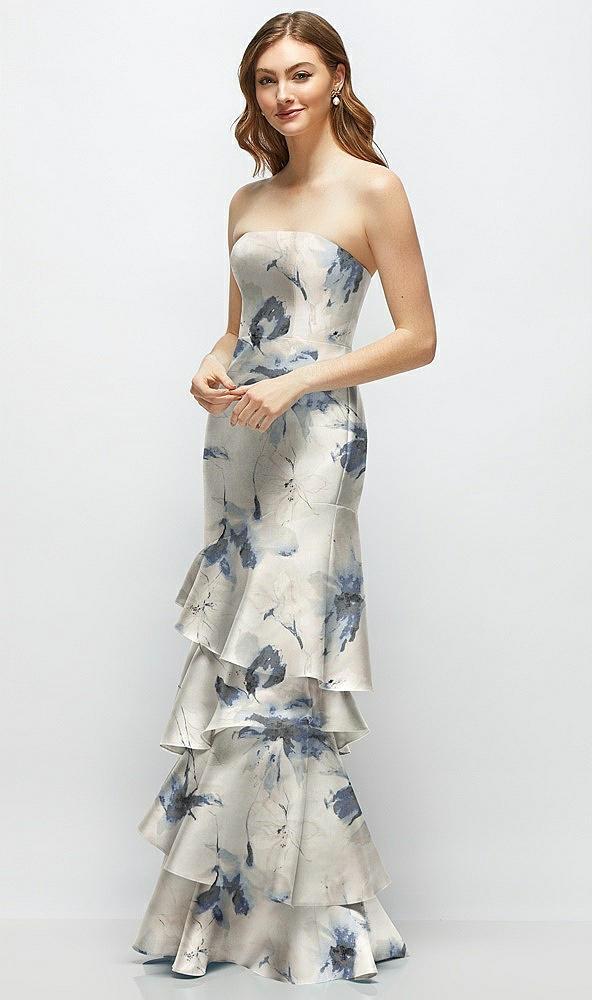 floral strapless bodycon maxi dress with tiered ruffle skirt