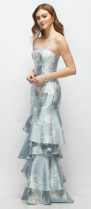 floral strapless bodycon maxi dress with tiered ruffle skirt