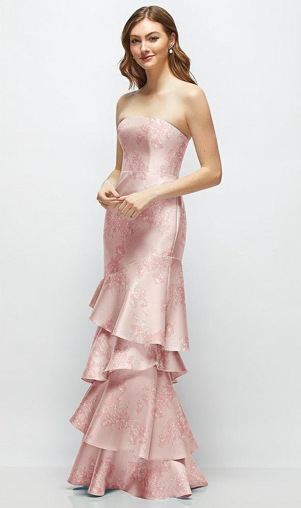 floral strapless bodycon maxi dress with tiered ruffle skirt