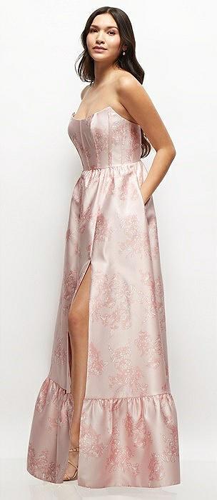 floral strapless cat-eye boned bodice maxi dress with ruffle hem